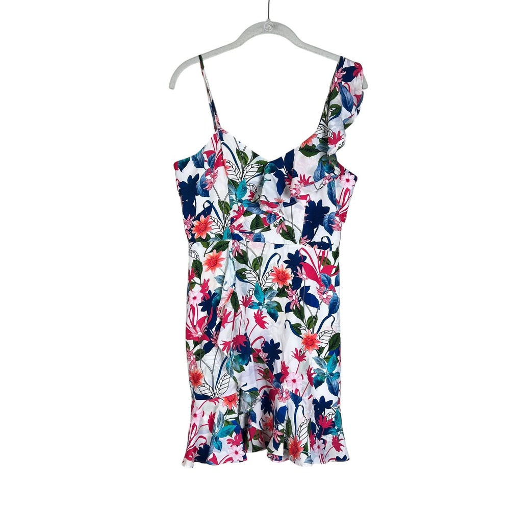 Parker Floral Ruffle Silk Asymmetric Mini Dress White Pink Blue Size 6